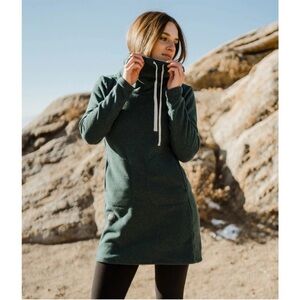 Deso Supply Co. Velma Fleece Cowl Neck Sweatshirt Dress Teal colored